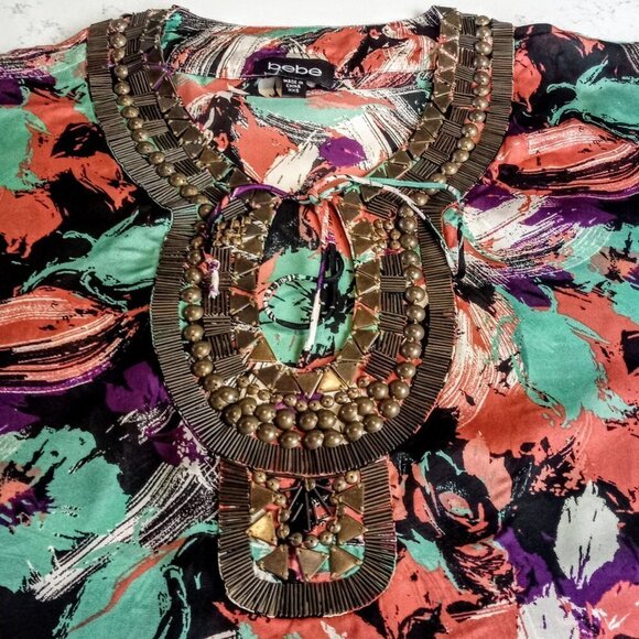 Bebe Metal Embellished Flutter Sleeve Silk Top - Picture 4 of 7